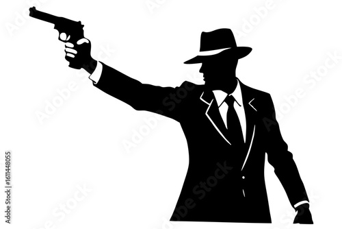 Gangster man aiming gun mafia boss silhouette vector illustration