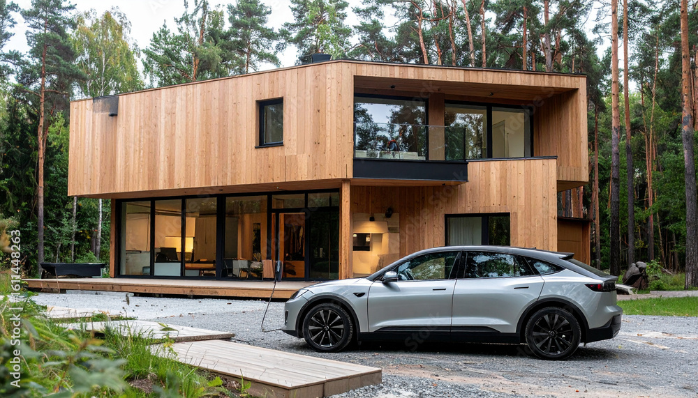 Fototapeta premium Electric Car Parked in Front of Modern Wooden House Surrounded by Forest, Featuring Minimalist Architecture and Sustainable Lifestyle