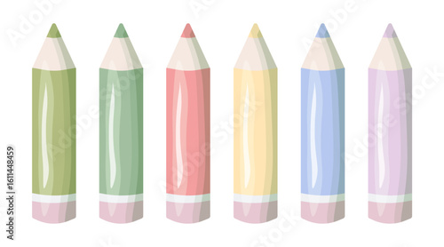 Set of six pastel colored pencils in a cartoon style. Cute and minimalistic illustration for kids, school design, stationery, or creative projects. Isolated on white background.