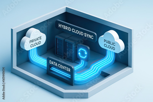 Hybrid cloud sync concept with private cloud, public cloud, and data center connected by glowing blue data streams in futuristic technology environment