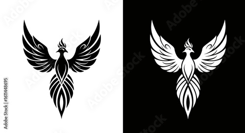 Elegant tribal phoenix emblem with symmetrical upraised wings and flowing tail feathers. A monochrome mythical bird logo.