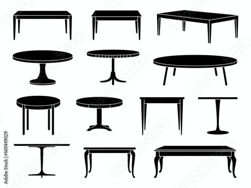 Collection of various table silhouettes isolated on white background