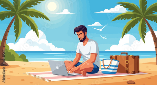 Focused bearded man working on a laptop, sitting cross-legged on a sunny tropical beach.