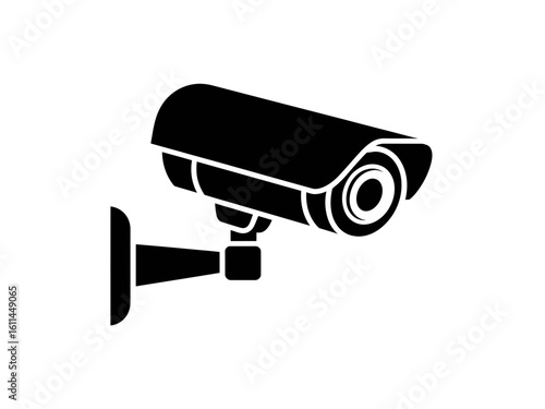 Black silhouette of a security camera mounted on a wall isolated on white background