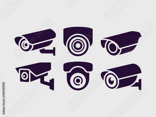 Collection of six security camera silhouettes isolated on white background