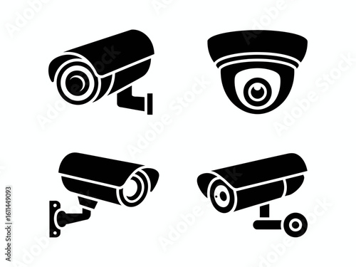 Collection of four black security camera silhouettes isolated on white background