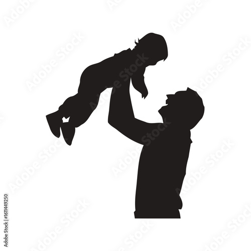 Father happily lifts his baby child in the air silhouette isolated on white background