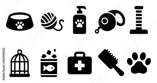 Collection of pet care and supplies icons silhouette isolated on white background