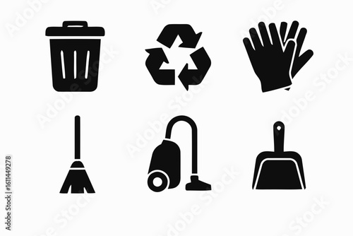 Collection of cleaning tool icons including a trash can recycle symbol gloves broom vacuum and dustpan silhouette isolated on white background