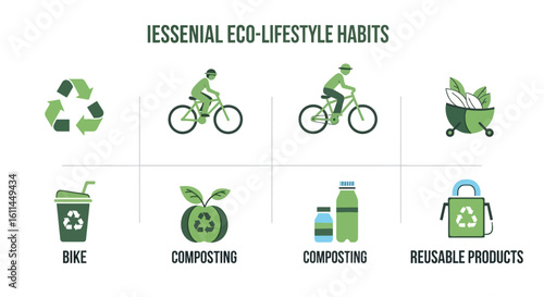 Set of green flat design icons illustrating essential eco-lifestyle habits like recycling, biking, composting, and using reusable products.