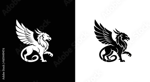 Stylized black and white griffin emblem with spread wings. A mythological creature with a lion's body and an eagle's head, posed majestically.