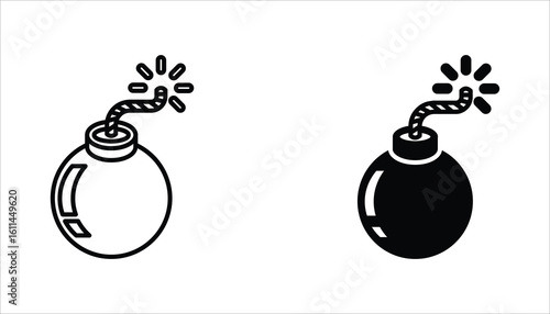 Bomb icon set. Bomb line and glyph icon for web design. Exploding bomb weapon vector icon design. Isolated on white background.