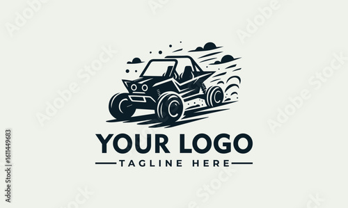 A stylized off-road vehicle speeding across a surface, logo design concept.