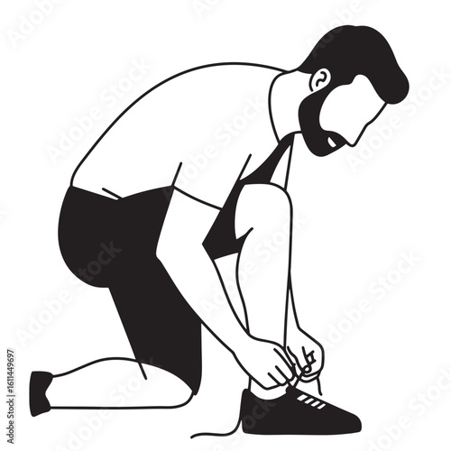 Man kneeling tying his shoelace getting ready to run or exercise in simple illustration