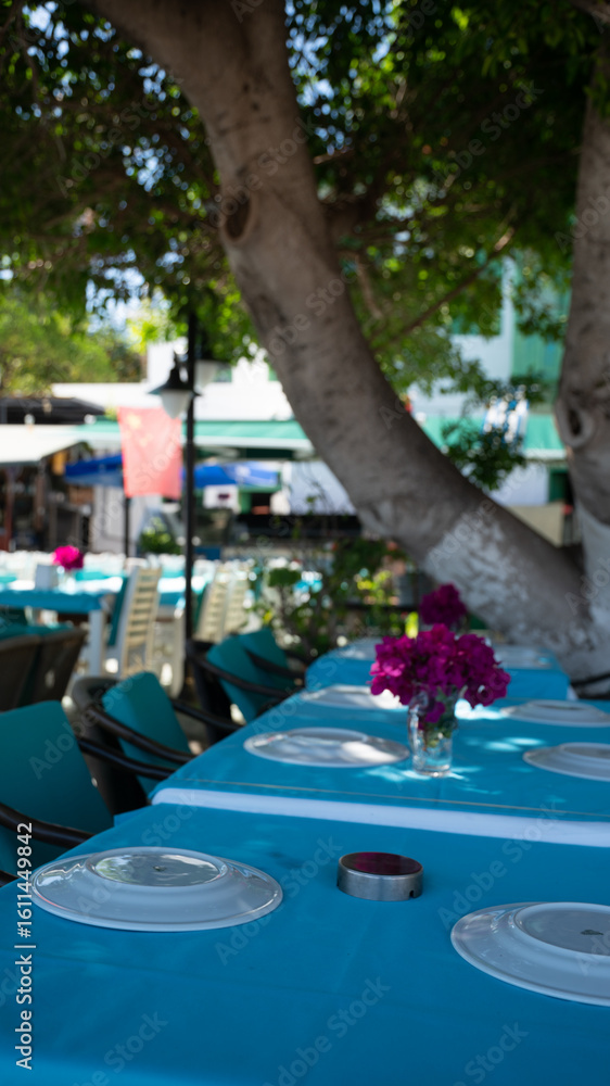 Fototapeta premium Dining table in Greek style with flowers 