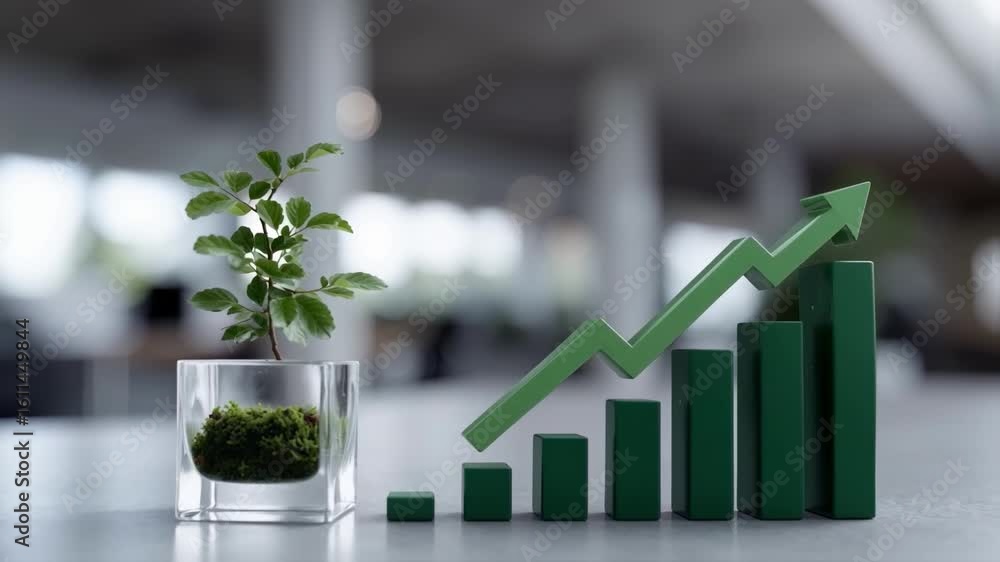 A green bar chart with a rising arrow next to a small plant on an ...