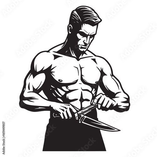 Muscular man sharpening knife monochrome vector illustration isolated on white background