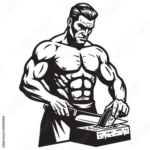 Powerful muscular man cutting wood illustration in bold black and white line art style