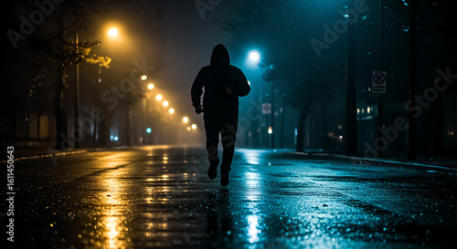 Lone hooded figure running on a wet, atmospheric city street at night with dramatic lighting