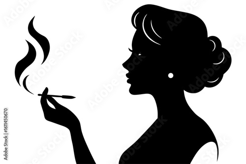 Elegant woman smoking cigarette silhouette vector illustration