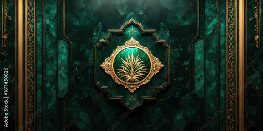 Fototapeta premium Elegant Dark Emerald and Gold Art Deco Pattern A sophisticated and luxurious Art Deco-inspired pattern in rich emerald green and