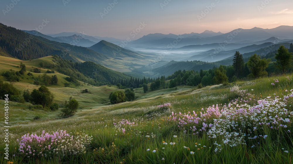 Fototapeta premium Calm sunrise over misty spring valley with fresh green grass and blooming wildflowers creating peaceful and serene mountain landscape under soft pastel sky light