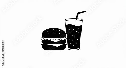 Minimalist Black and White Burger and Soda Icon on White Background.