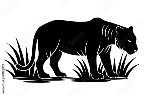 Elegant panther standing among grass silhouette vector illustration