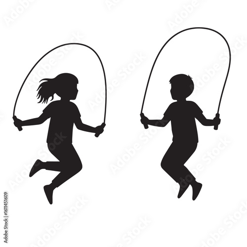 Silhouette illustrations depicting children having fun jumping rope in playful recreation