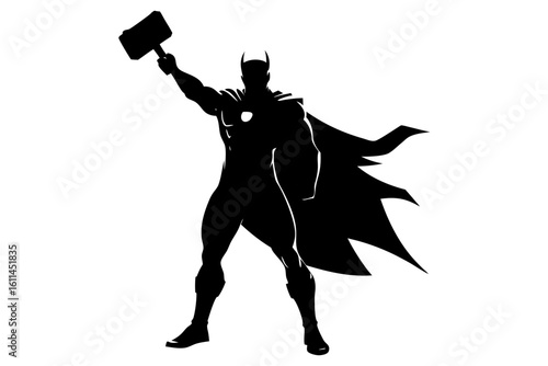 Superhero holding hammer hero pose action silhouette vector illustration