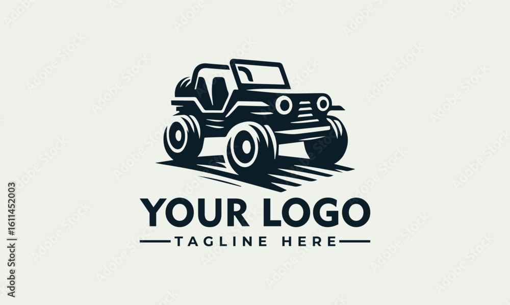 Obraz premium A stylized black and white logo featuring a rugged off-road vehicle, ready for adventure.