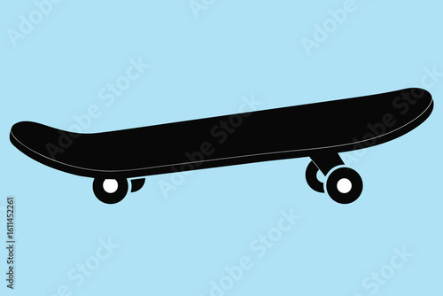 Simple Black Skateboard Illustration on Light Blue Background for Graphic Design