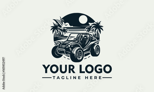 A rugged off-road vehicle logo design, set against a stylized sunset or sunrise.