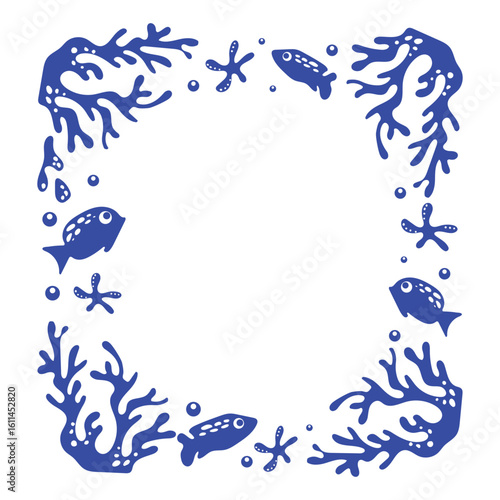 Frame with blue silhouettes of sea inhabitants and algae with bubbles undersea in simple style. Underwater world. Monochrome template with fishes. Vector design for stickers, postcards, stamps.
