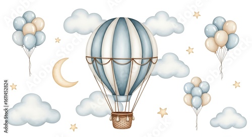 Whimsical watercolor hot air balloon with clouds and balloons isolated on transparent background