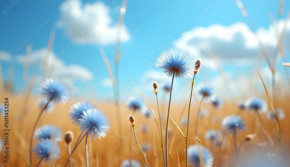 Obraz premium Blue Wildflowers Blooming in Golden Wheat Field under Sunny Sky