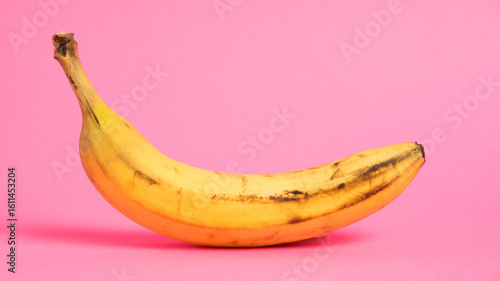 Banana with spoiled skin on pink background. Save the lonely banana