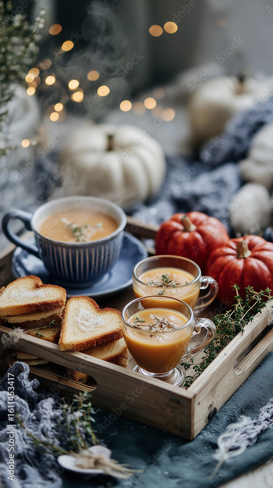 Fototapeta premium Decorative Autumn Tea Party with Orange Pumpkins and Sandwiches