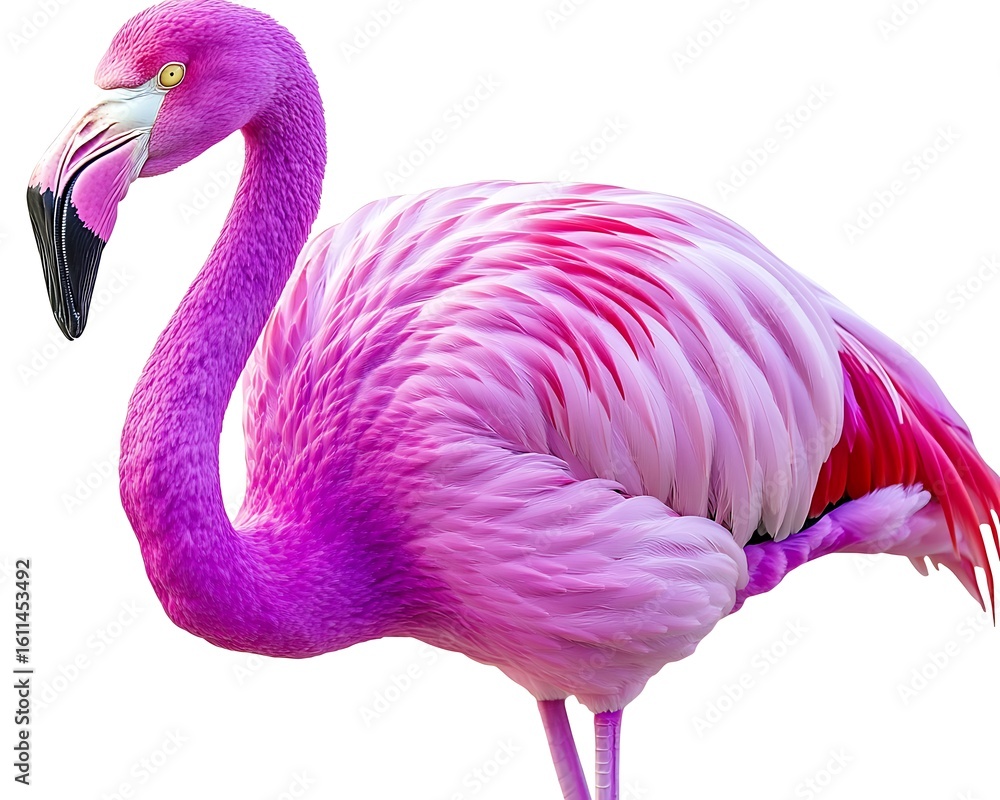 Fototapeta premium The colorful bird stands isolated with a graceful curved neck