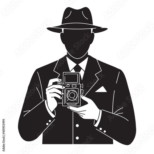Silhouetted photographer holding vintage camera wearing fedora and suit black and white illustration