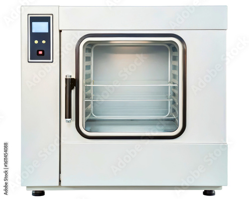 Laboratory drying oven with glass door and digital control panel on a transparent background
