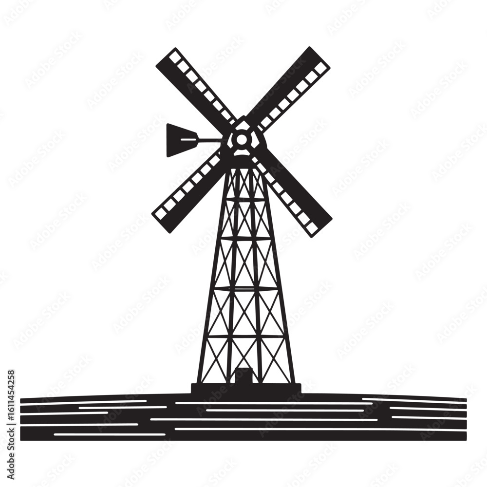 Obraz premium Stylized silhouette of a classic windmill on a white background for design elements