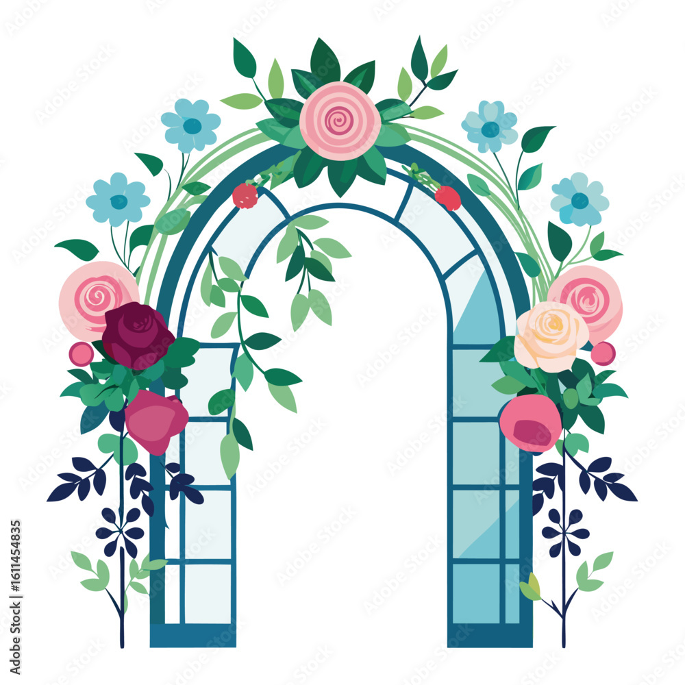 Obraz premium Wedding floral arch frame window , elegant vector hand drawn invitation border flowers design.
