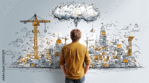 Visionary Architect's Blueprint: A contemplative architect envisions the creation of a city, depicted in an artistic sketch, a vibrant mix of reality and dream. 