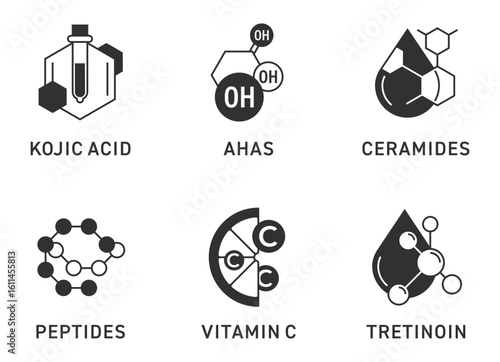 Peptides, Vitamin C, Tretinon, Kojic acid, AHAS and Ceramides - flat monochrome icons