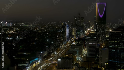 Breathtaking timelapse from the top of Faisaliah Tower, the sunset view of the skyline of Riyadh, Saudi Arabia, dominated by the iconic Kingdom Centre