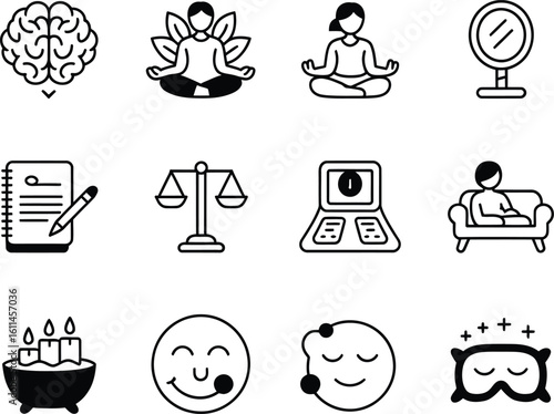 Collection of hand drawn icons representing mental health and well being concepts