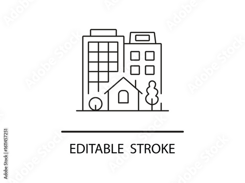 Modern city living with house and trees, perfect for real estate or urban planning projects, clean line art design for versatile use.