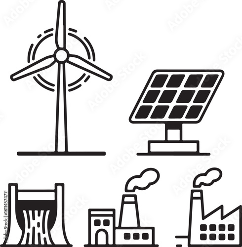 Wind turbine solar panel factory dam icons vector