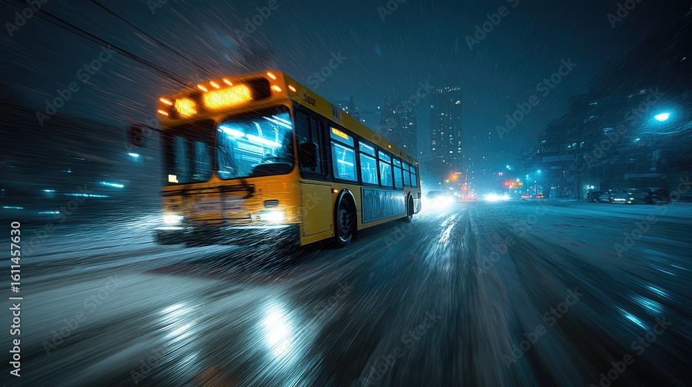 Obraz premium Moving City Bus: A vibrant yellow city bus swiftly navigates a wet city street at night, the lights of passing vehicles and buildings blurred in a mesmerizing display of motion.